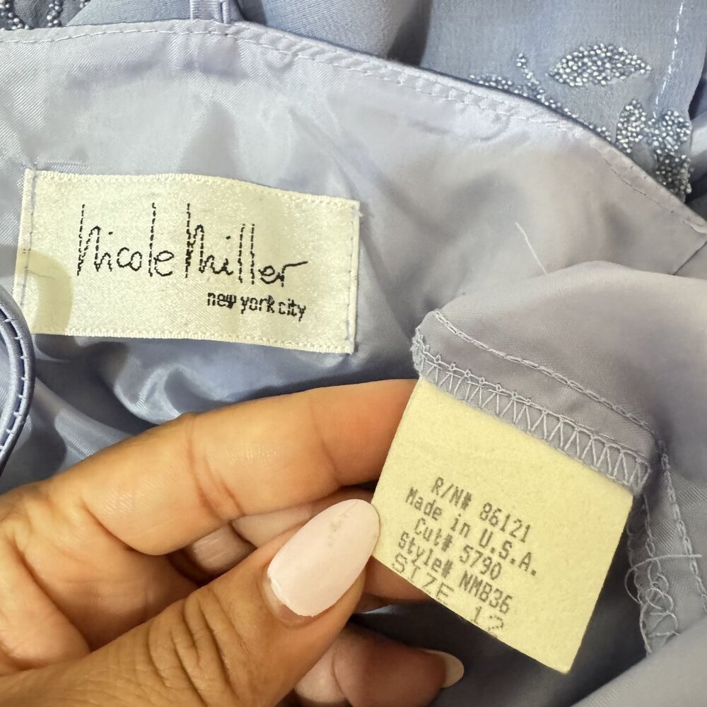 Vintage Nicole Miller Pansy Blue Floral Beaded Spaghetti straps Maxi Dress 12 - Picture 11 of 15